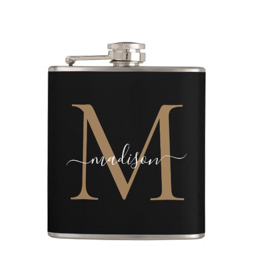 Elegant Black Gold Monogram Stylish Script Name Flask