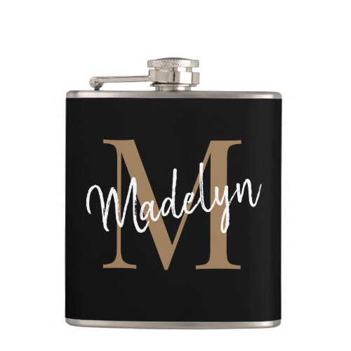 Elegant Black Gold Monogram Stylish Script Name Flask