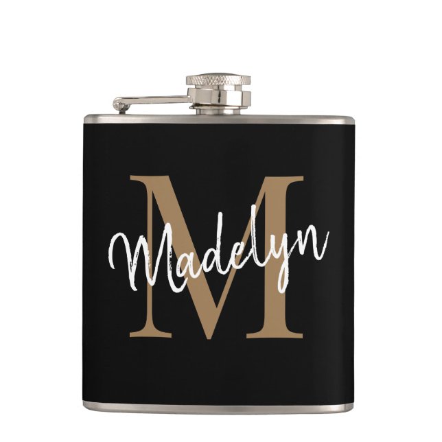 Elegant Black Gold Monogram Stylish Script Name Flask (Front)