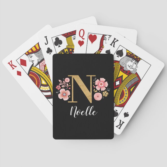Elegant Black Gold Monogram Stylish Script Poker Cards (Back)