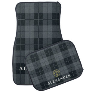 Elegant Black Gold Monogram Tartan Plaid Car Floor Mat