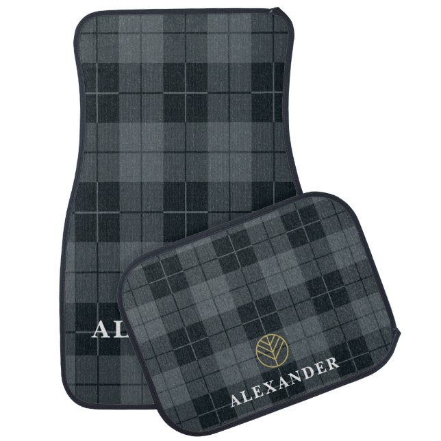 Elegant Black Gold Monogram Tartan Plaid Car Floor Mat (Set)