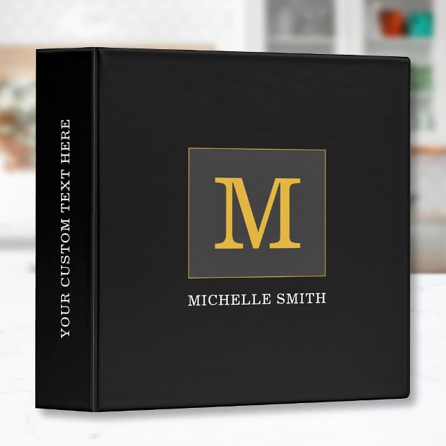 Elegant Black Gold Monogram Text Personalized 3 Ring Binder (Creator Uploaded)