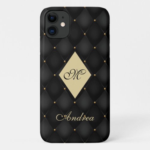 Elegant Black Gold Monogram Tufted iPhone 11 Case
