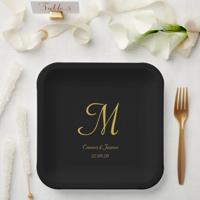 Elegant Black Gold Monogram Wedding Any Party  Paper Plates (Wedding)