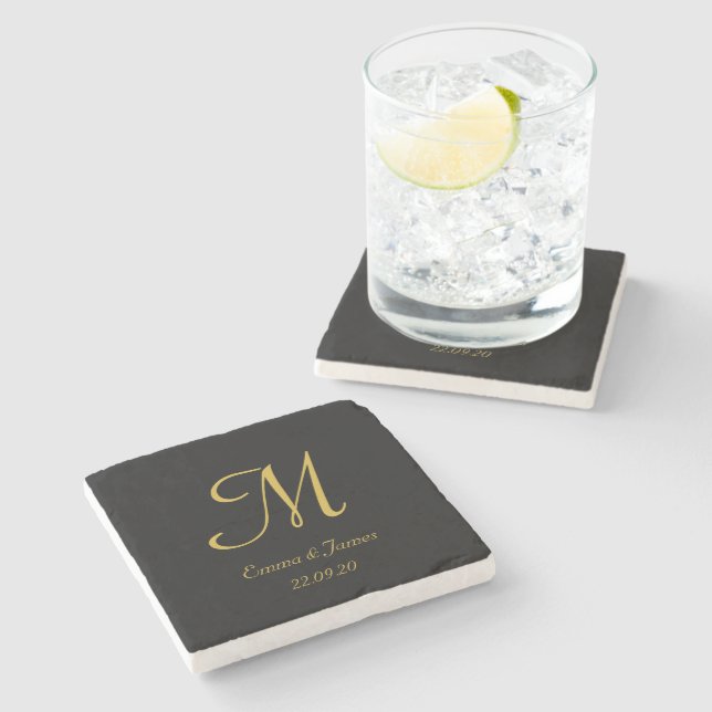 Elegant Black & Gold Monogram Wedding Any Party  Stone Coaster (Side)