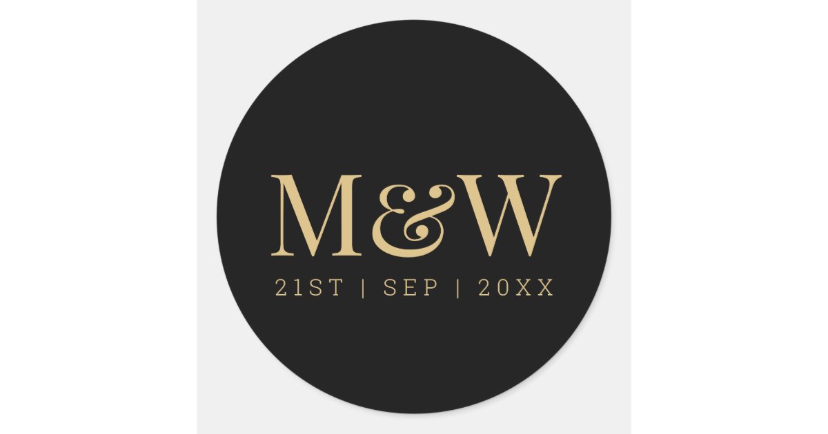 Elegant Black Gold Monogram Wedding Classic Round Sticker | Zazzle