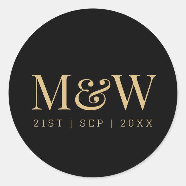 Elegant Black Gold Monogram Wedding Classic Round Sticker (Front)