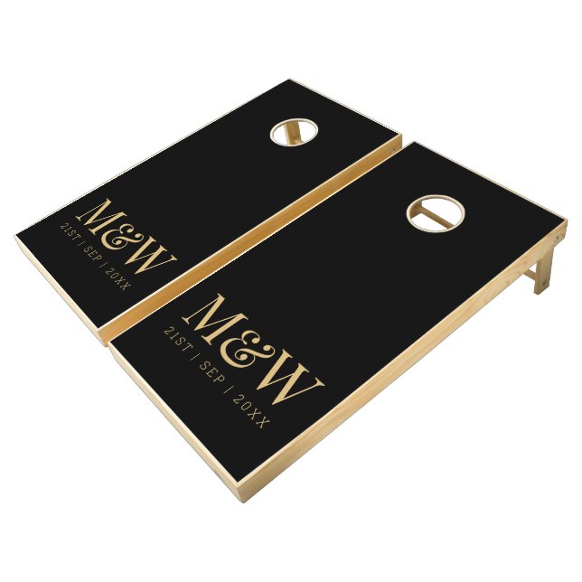 Elegant Black Gold Monogram Wedding Cornhole Set (Angled)