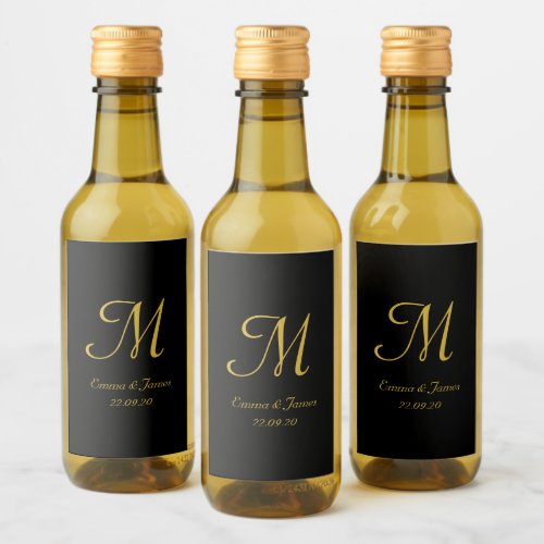 Elegant Black Gold Monogram Wedding Favor  Wine Label