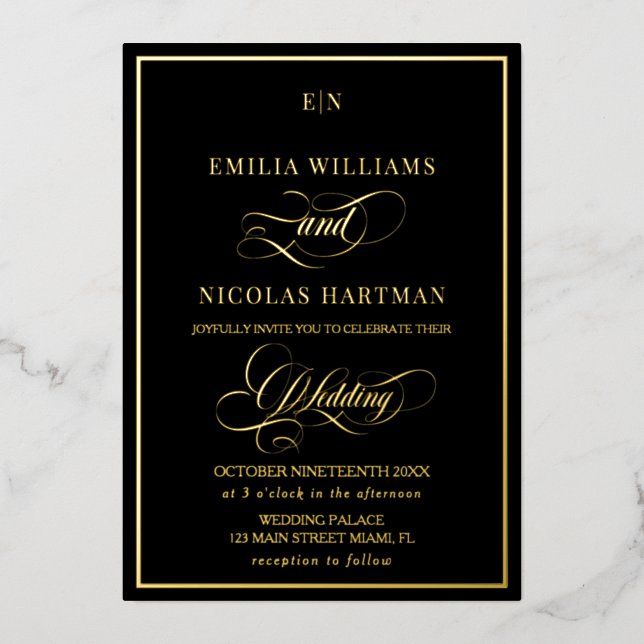 Elegant Black & Gold Monogram Wedding Foil Invitation (Front)