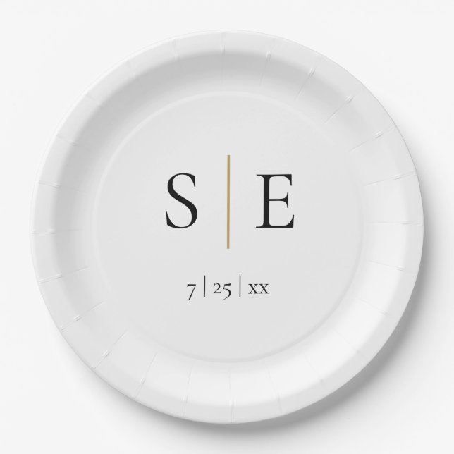 Elegant Black Gold Monogram Wedding Paper Plates (Front)