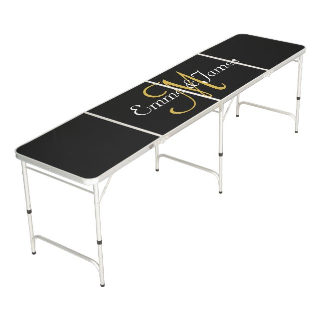 Elegant Black Gold Monogram Wedding Party Custom Beer Pong Table (Angled)