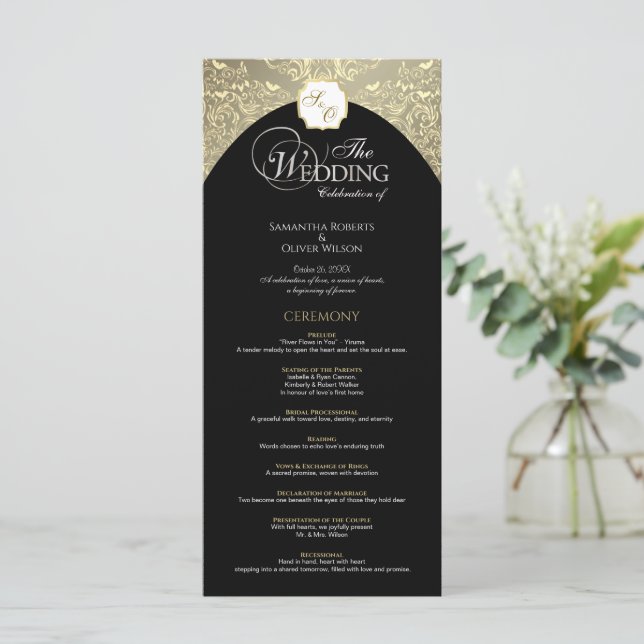 Elegant Black & Gold Monogram Wedding Program (Standing Front)