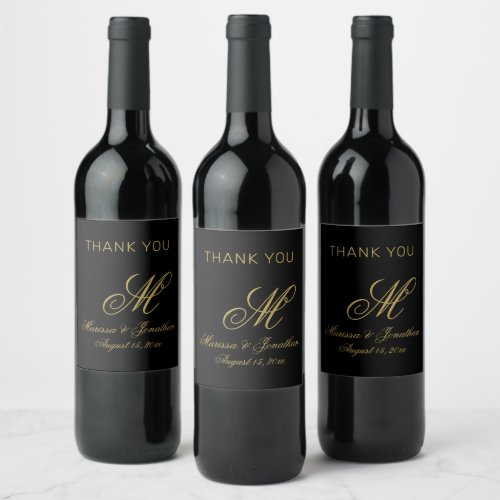 Elegant Black Gold Monogram Wedding Thank You Wine Label