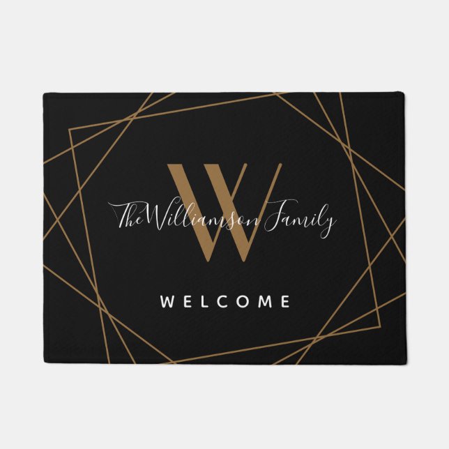 Elegant Black Gold Monogram Welcome Name Script Doormat (Front)