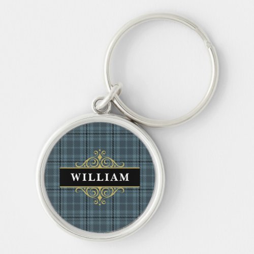 Elegant Black Gold Monogram Windowpane Check Keychain