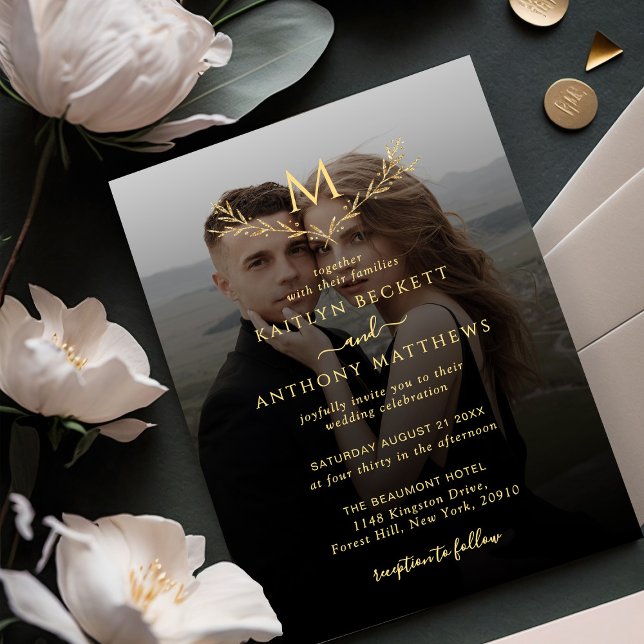 Elegant Black & Gold Monogram Wreath Photo Wedding Invitation (Creator Uploaded)