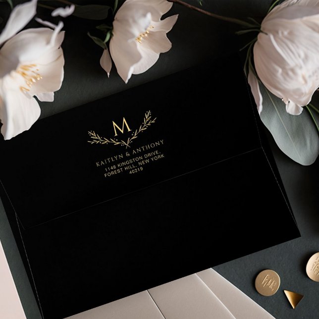 Elegant Black & Gold Monogram Wreath Wedding Envelope (Creator Uploaded)
