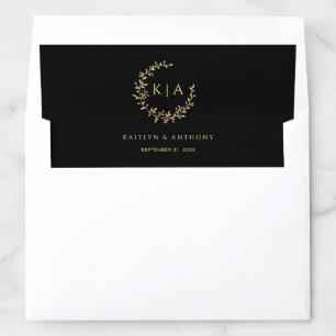 Elegant Black & Gold Monogram Wreath Wedding Envelope Liner