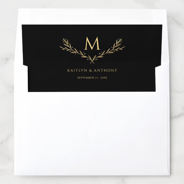 Elegant Black & Gold Monogram Wreath Wedding Envelope Liner (In Envelope)