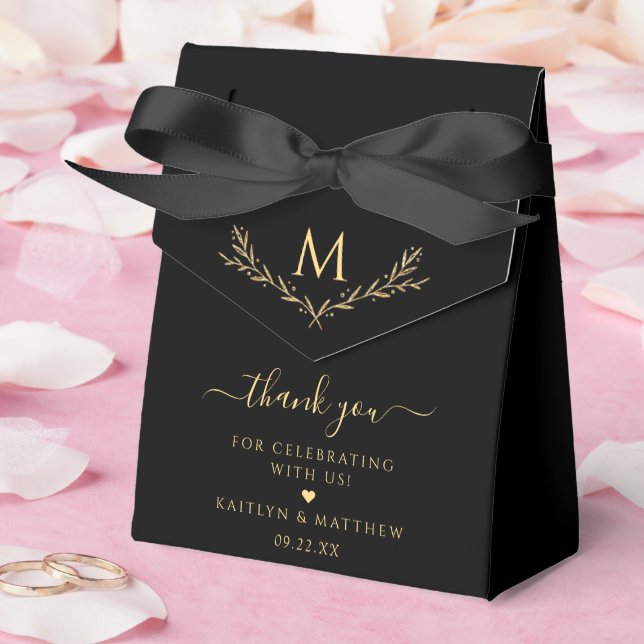 Elegant Black & Gold Monogram Wreath Wedding Favor Boxes (Wedding)