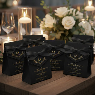 Elegant Black & Gold Monogram Wreath Wedding Favor Boxes