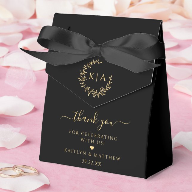 Elegant Black & Gold Monogram Wreath Wedding Favor Boxes (Wedding)