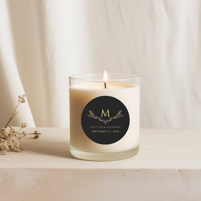 Elegant Black & Gold Monogram Wreath Wedding Favor Classic Round Sticker (Creator Uploaded)