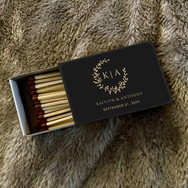 Elegant Black & Gold Monogram Wreath Wedding Favor Matchboxes (Creator Uploaded)