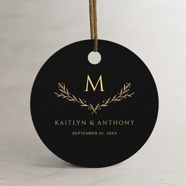 Elegant Black & Gold Monogram Wreath Wedding Favor Tags (Creator Uploaded)