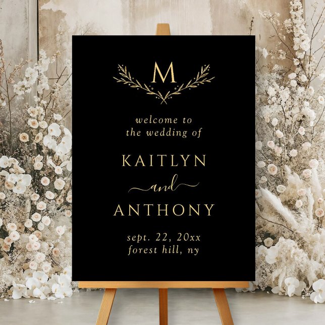 Elegant Black & Gold Monogram Wreath Wedding Foam Board (Creator Uploaded)