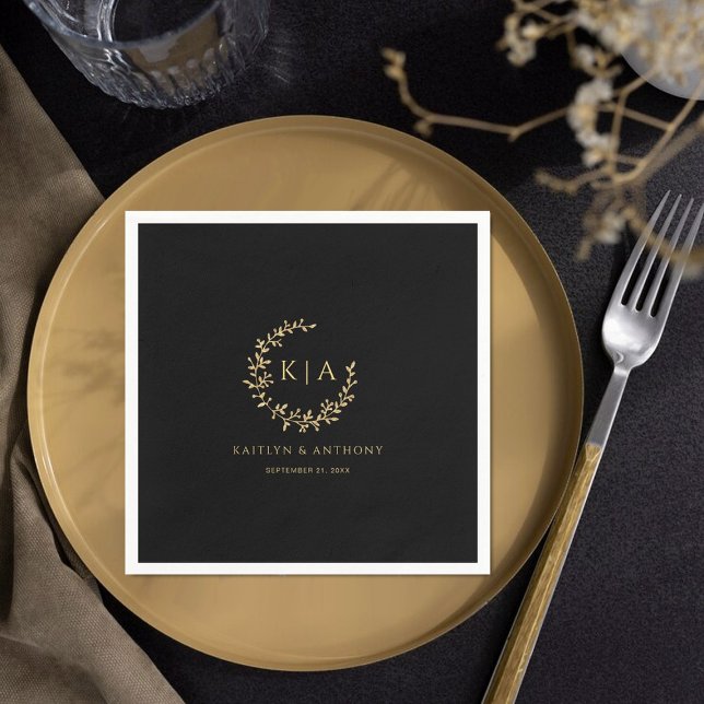Elegant Black & Gold Monogram Wreath Wedding Napkins (Creator Uploaded)