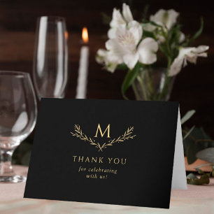 Elegant Black & Gold Monogram Wreath Wedding Photo Thank You Card