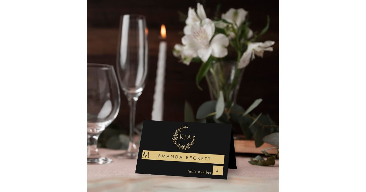 Elegant Black & Gold Monogram Wreath Wedding Place Card | Zazzle