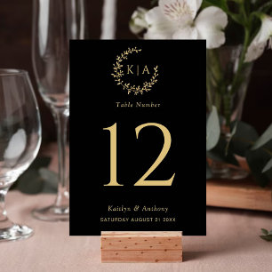 Elegant Black & Gold Monogram Wreath Wedding Table Number