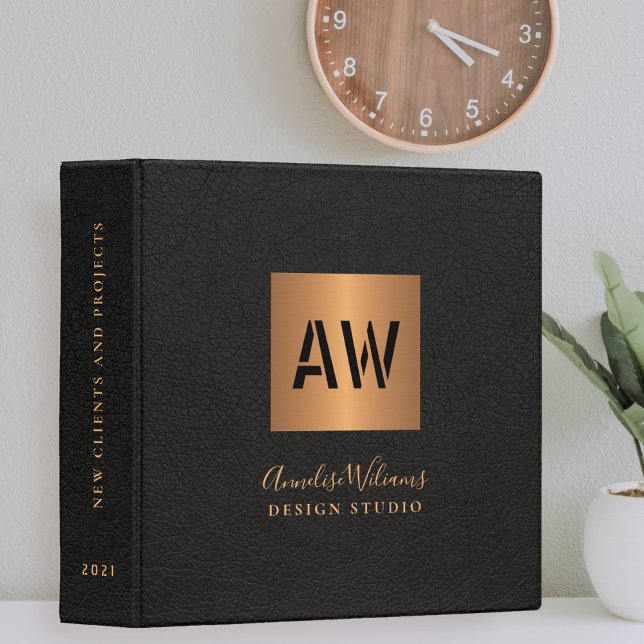 Elegant black gold monogrammed business office 3 ring binder (Creator Uploaded)