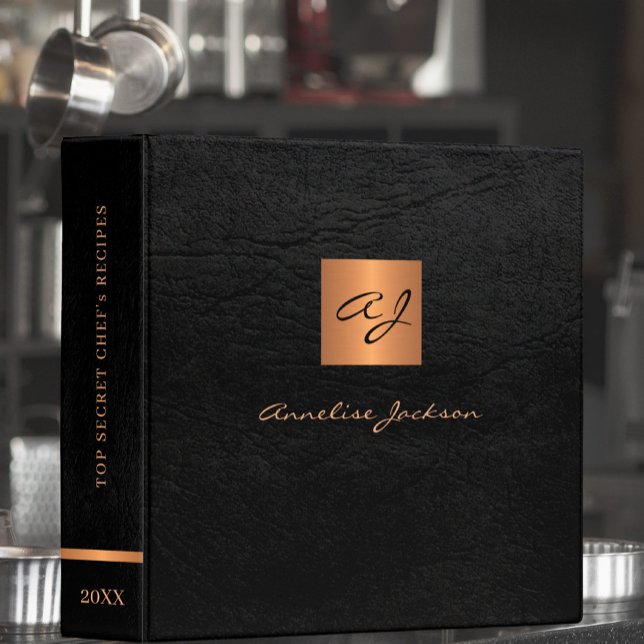 Elegant black gold monogrammed kitchen recipe 3 ring binder (Creator Uploaded)