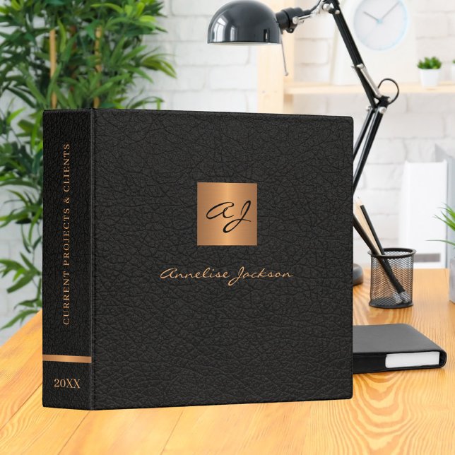 Elegant black gold monogrammed leather classy 3 ring binder (Creator Uploaded)