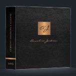 Elegant black gold monogrammed leather classy 3 ring binder<br><div class="desc">Luxury exclusive looking monogrammed office or personal work organizer binder featuring a faux copper metallic gold glitter square and dividers over a stylish black faux leather background.                Suitable for small business,  corporate or independent business professionals,  personal branding or stylists specialists,  makeup artists or beauty salons,  boutique or store managers.</div>