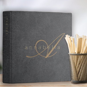 Elegant Black Gold Monogrammed Luxe Leather 3 Ring Binder