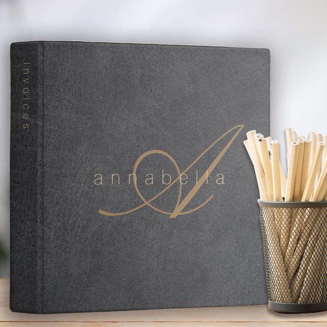 Elegant Black Gold Monogrammed Luxe Leather 3 Ring Binder (Creator Uploaded)