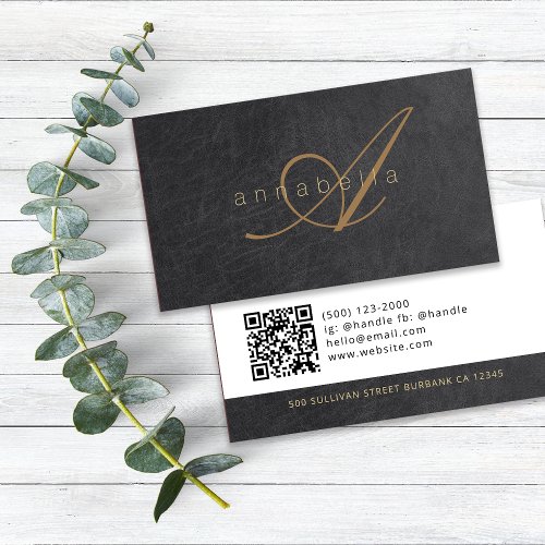 Elegant Black Gold Monogrammed Luxe Leather Business Card