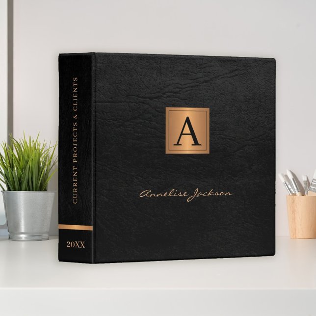 Elegant black gold monogrammed modern script name 3 ring binder (Creator Uploaded)
