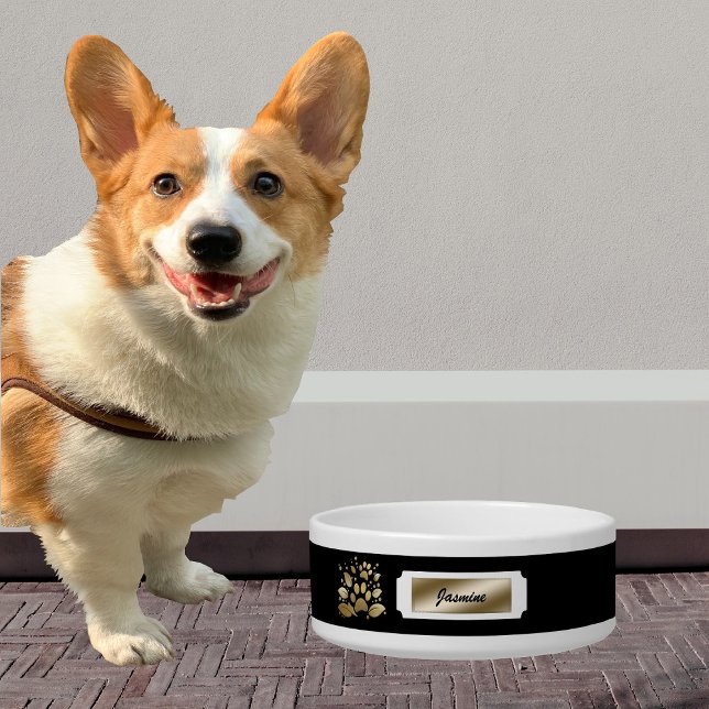 Elegant Black & Gold Monogrammed Name Dog Bowl (Creator Uploaded)