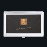 Elegant black gold monogrammed script name business card case<br><div class="desc">Trendy luxury exclusive looking monogrammed gold business card case featuring a faux gold square over a stylish classy black leather look (printed) background.             Personalize it with your white script signature name and monogram name initials.</div>