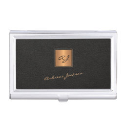 Elegant black gold monogrammed script name business card case