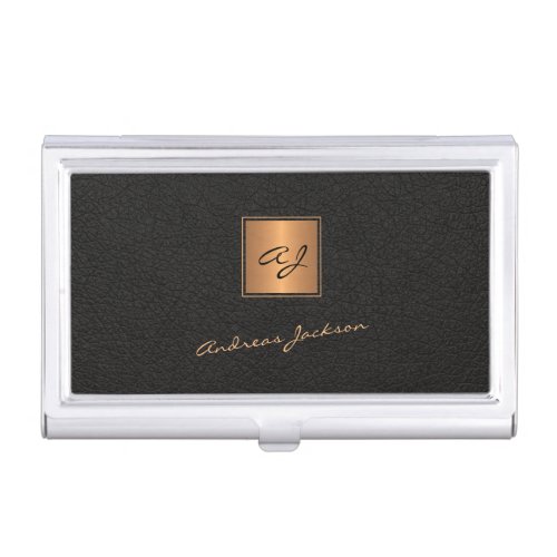 Elegant black gold monogrammed script name business card case