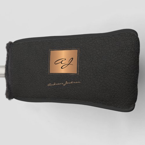 Elegant black gold monogrammed script name golf head cover