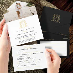 Elegant Black & Gold Monogrammed Wedding foil All In One Invitation